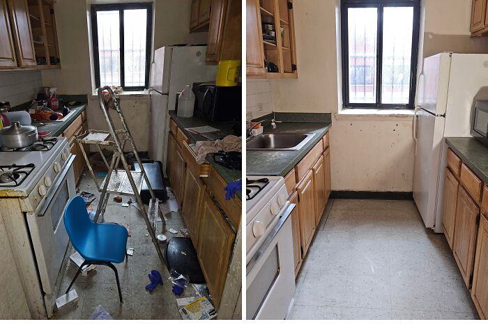Small galley kitchen before and after a deep clean: clutter removed, units and floor scrubbed