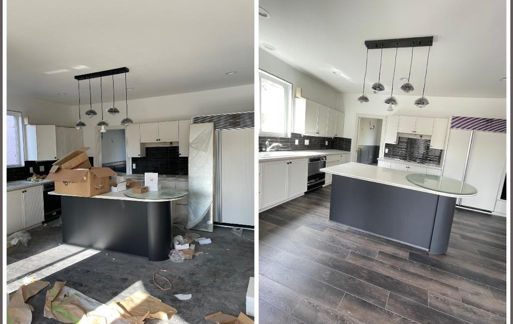 Kitchen before and after a deep clean: packaging and debris cleared, island and floor scrubbed