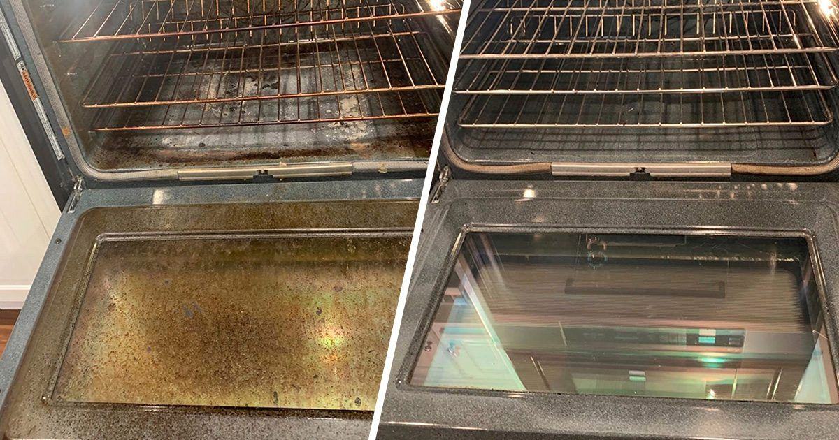 Oven door and racks before and after cleaning, with burnt-on grease removed