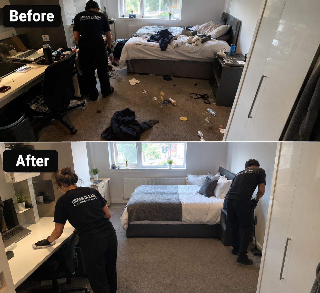 Two Urban Gleam cleaners deep cleaning a bedroom, before and after: clutter cleared, carpet vacuumed and bed made